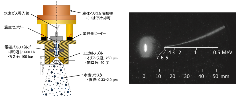 図7. (左) 独自開発した温度制御可能な水素クラスター生成装置。マイクロメートルスケールの水素クラスターの生成が可能. (右) リアルタイム型トムソンパラボラで計測されたmulti-MeV高純度水素イオンのシングルショットシグナル.