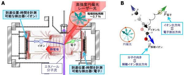 (A) 電子とイオンの3次元運動量を決定する実験装置の図