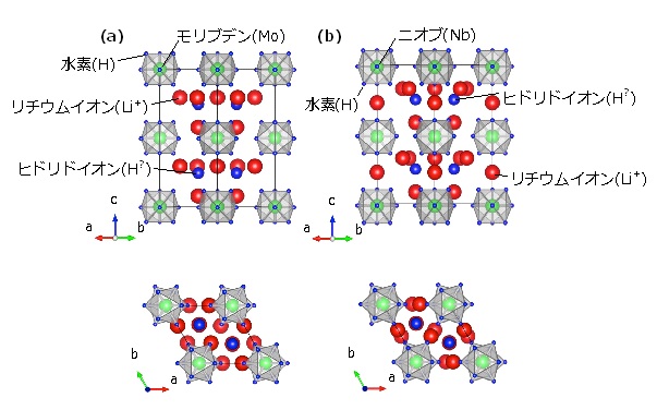 本研究で合成に成功した(a) Li5MoH11と(b) Li6NbH11の結晶構造の模式図