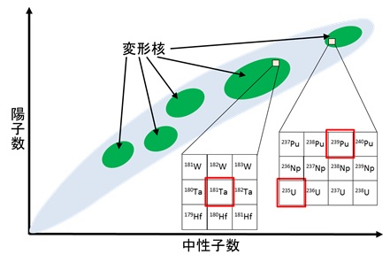 今回の実験に用いた核種の核図表における位置の解説図