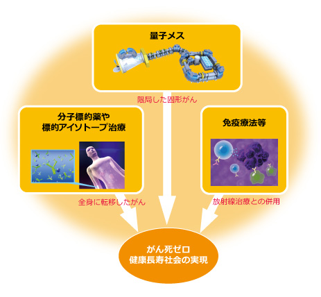 量子メスを核に、分子標的薬や標的アイソトープ治療、免疫療法等の組み合わせによるがん死ゼロ健康長寿社会の実現のイメージ