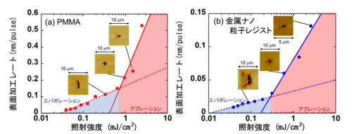 アクリル樹脂（PMMA）薄膜 (a) と金属ナノ粒子レジスト薄膜 (b) における表面加工レートと照射強度の関係。