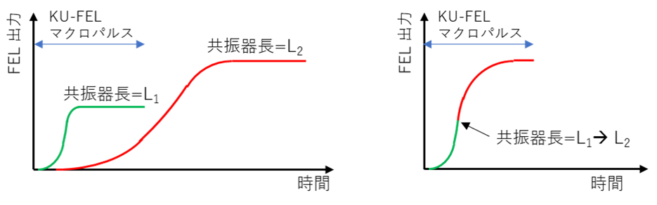 FELの光共振器長をL1とした時、早い立ち上がりが得られるが飽和出力は小さく、L2とすると立ち上がりが遅いが飽和出力は大きくなる