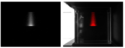 図1　陽子線照射による水の発光画像（左）と光学写真との融合画像（右）の画像