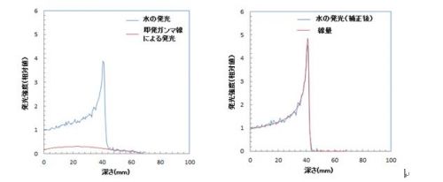 図2　補正前の陽子線照射発光の深度線量分布と即発ガンマ線による発光の分布（左）補正後の深度線量分布（右）の画像