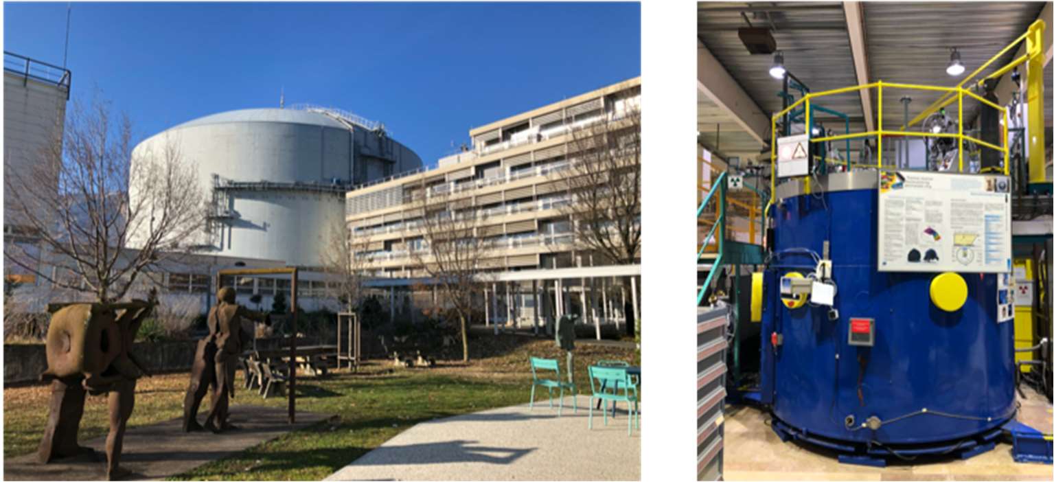 フランスにあるラウエ・ランジュヴァン研究所(左)の IN13 分光器(右)