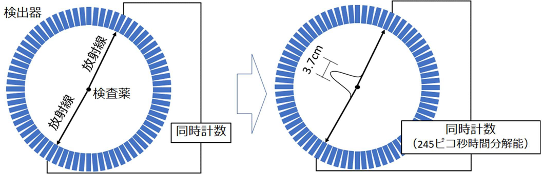 PET の同時計数(左)における時間分解能を 245 ピコ秒にして、検査薬の位置を 3.7cm の線分上に特定できるようにした(右)