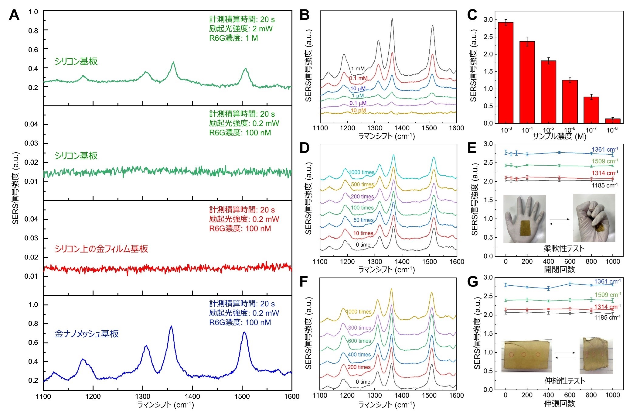 図2：金ナノメッシュの基本的なSERS性能。A. シリコン、金フィルム、金ナノメッシュ基板上でのR6Gのラマンスペクトル。B. 各濃度での金ナノメッシュ基板上でのR6GのSERSスペクトル。C. 各濃度での金ナノメッシュ基板上でのR6GのSERSスペクトル