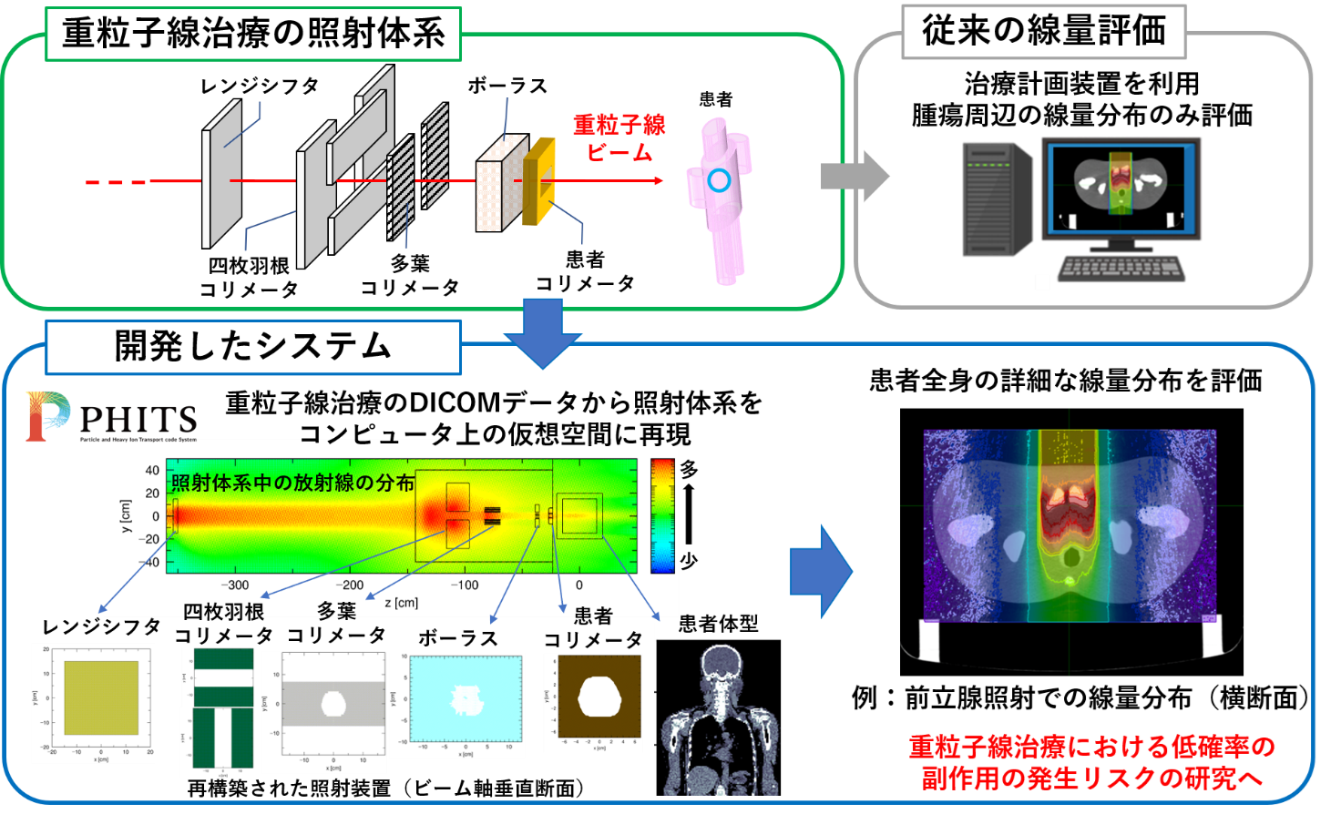 開発した重粒子線治療時の患者全身の線量評価システム（RT-PHITS for CIRT）の概要