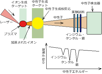 実験方法の概念図。レーザーで生成した中性子を1.8m離した検出器で測定する。途中に設置された試料の元素の種類に応じて、中性子の吸収が発生する。その吸収（谷）のエネルギーから種類を同定でき、谷の深さから量を評価できる。