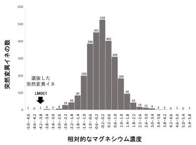 図1　突然変異イネの相対的なマグネシウム濃度の分布図。選抜した突然変異イネ（LMGC1）を矢印で示した。