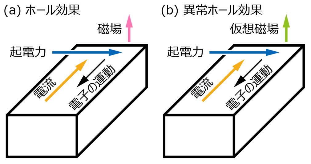 図2: (a)ホール効果・(b)異常ホール効果の模式図。