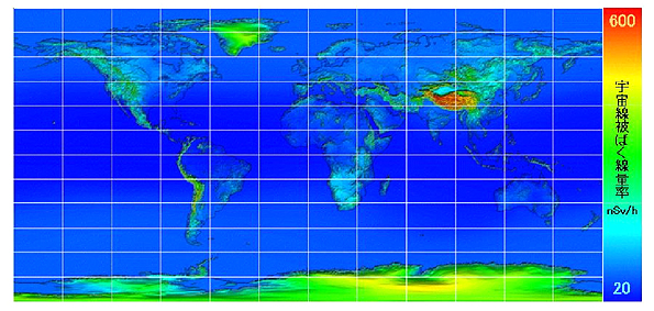 簡易計算式と地球の標高データを組み合わせて計算した 2006年6月の地表面における宇宙線被ばく線量マップ