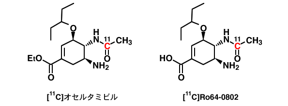 オセルタミビル標識薬剤 :左とオセルタミビル代謝産物標識薬剤 : 右の構造式