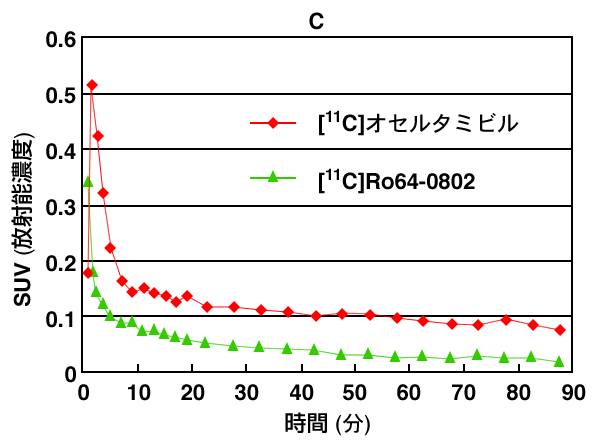 [11C] オセルタミビルと [11C] Ro64-0802 (B) のラット脳内における放射能集積と時間変化