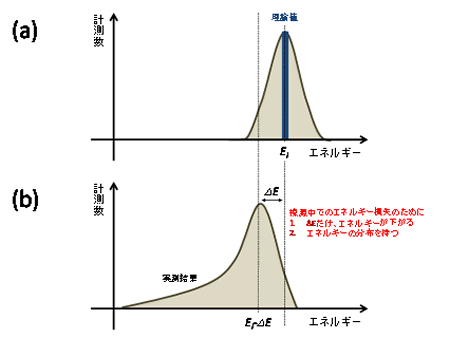 放射線源中での放射線のエネルギー損失を無視できるとした場合の放射線のエネルギー分布、(b)放射線検出器で計測される放射線のエネルギー分布