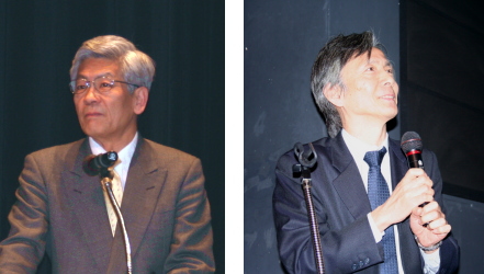 左側：中島尚正議長（議長挨拶）　　右側：堀池寛委員（総合司会：運営会議）