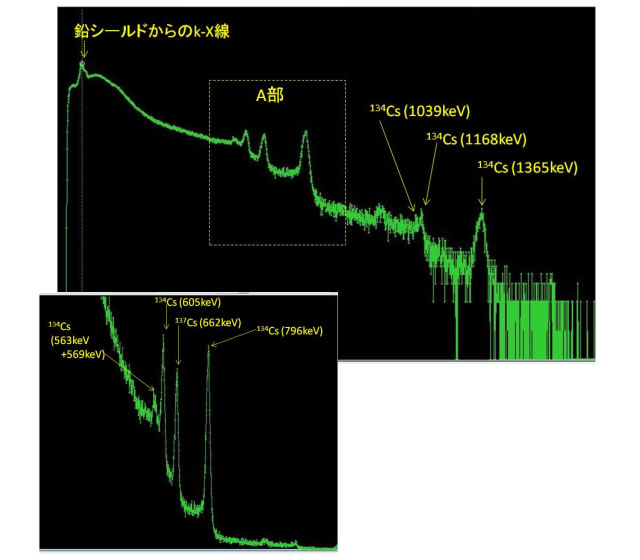 瓦礫のγ線エネルギースペクトル(対数軸表示) 左下は主要ピーク拡大図(リニア軸表示)