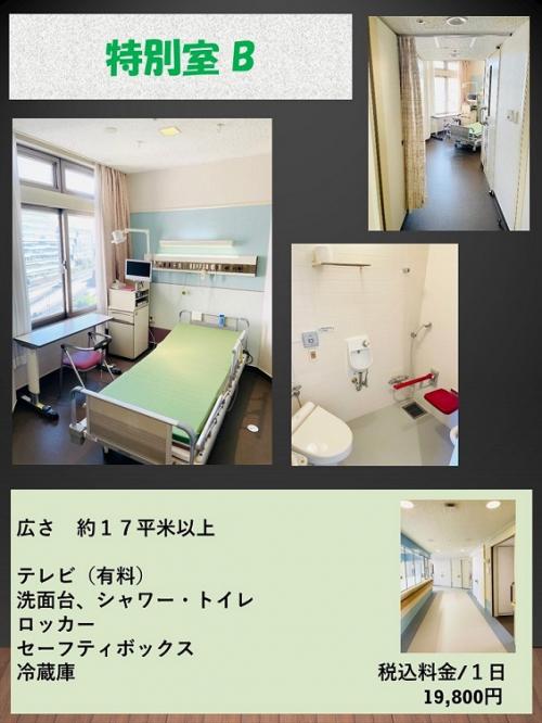 特別室B、広さ17平米、テレビ（有料）、シャワー・トイレ、ロッカー、セーフティボックス、冷蔵庫、税込料金／1日　19,800円