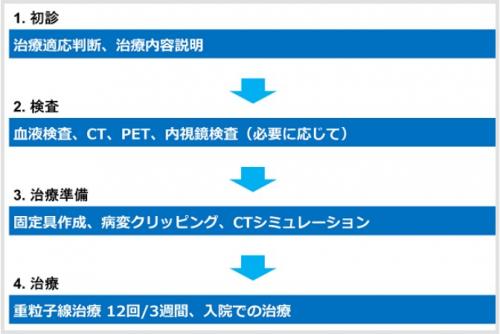初診、血液検査や画像検査、固定具作成などの治療準備、治療照射の順で進みます