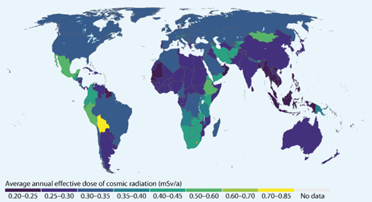 宇宙線被ばく線量の国別年間平均（UNSCEAR 2024 年報告書より引用
