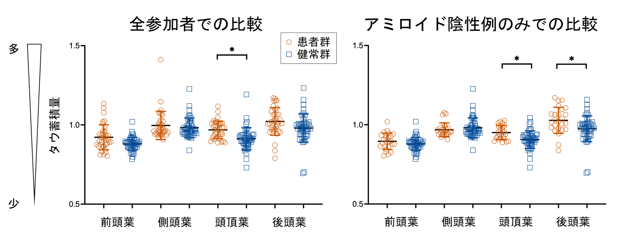 脳の領域ごとのタウ蓄積量の比較