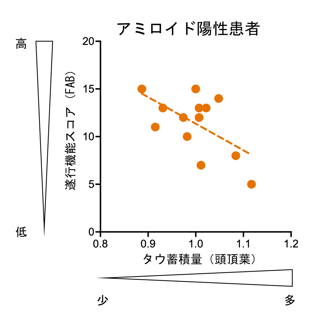 アミロイド陽性の患者における頭頂葉のタウ蓄積量と遂行機能の関連性
