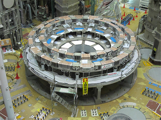 photo of Three lower EF coils (EF4, EF5 and EF6) temporarily installed on the cryostat base