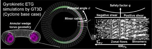 Zonal flows and streamers observed in grobal ETG turbulence simulations of reversed shear tokamaks.